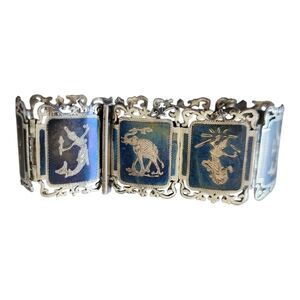 Vintage Niello Sterling Silver Thai Siam Dancer Hinged Panel Bracelet Thailand
